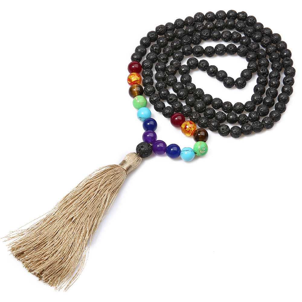 6mm Chakra Long Mala Rosary Prayer Beads Tassel Necklace, Japa Yoga Buddhist Rosary Prayer Charm Beaded Strand Necklaces, Natural Volcanic Stone Meditation Statement Necklace