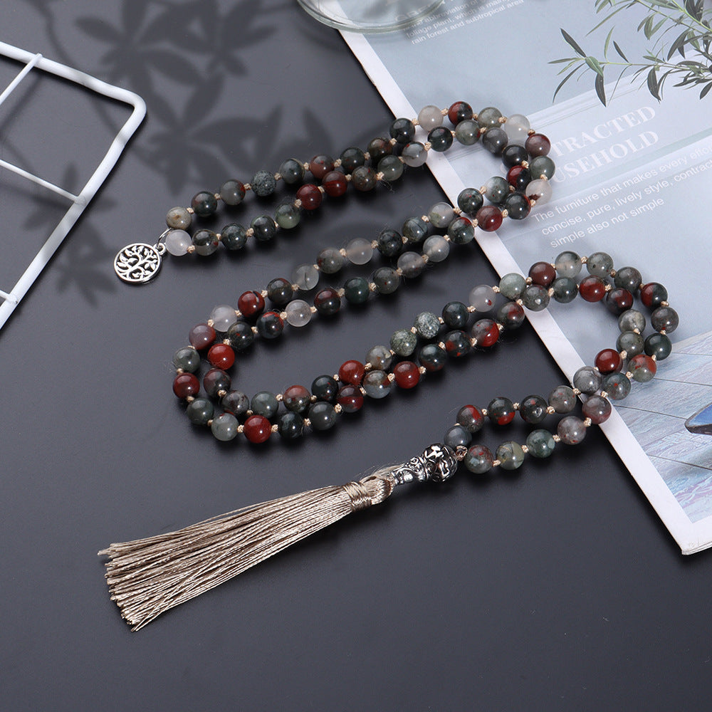 108 Mala Beads Necklace Semi-Precious Agate Gem Stones Necklace, Hand Knotted Japa Mala Beaded Tassel Necklace with Tree of Life Pendant