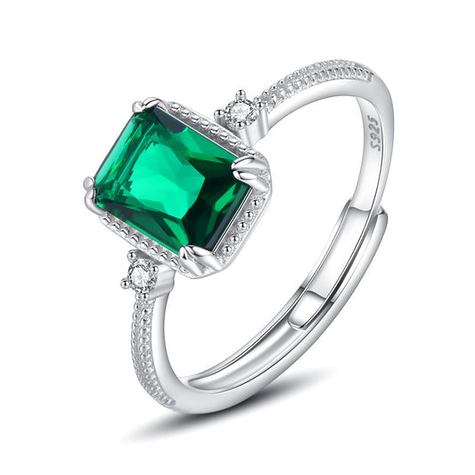 925 Sterling Silver Asscher Cut Synthetic Emerald Ring