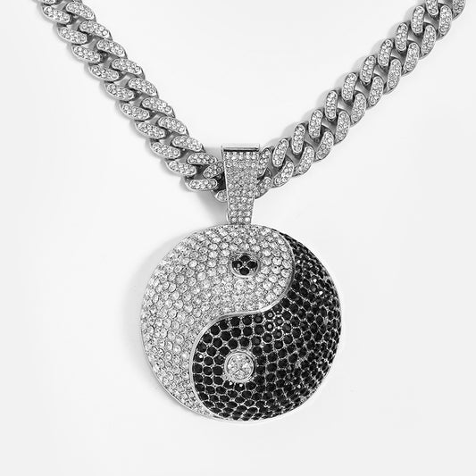 Iced Out 13mm Width Cuban Chain Alloy And Bling Rhinestone Hip Hop Big Round Pendant Necklace