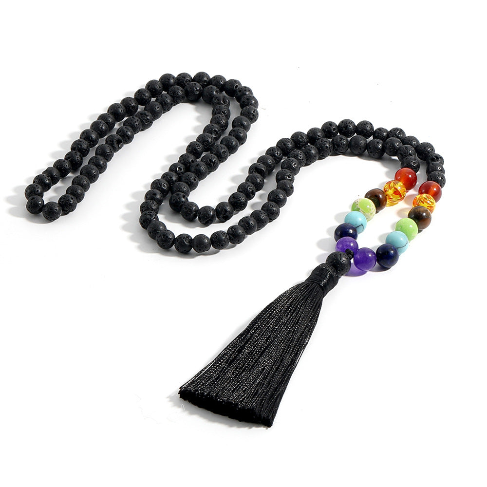 6mm Chakra Long Mala Rosary Prayer Beads Tassel Necklace, Japa Yoga Buddhist Rosary Prayer Charm Beaded Strand Necklaces, Natural Volcanic Stone Meditation Statement Necklace