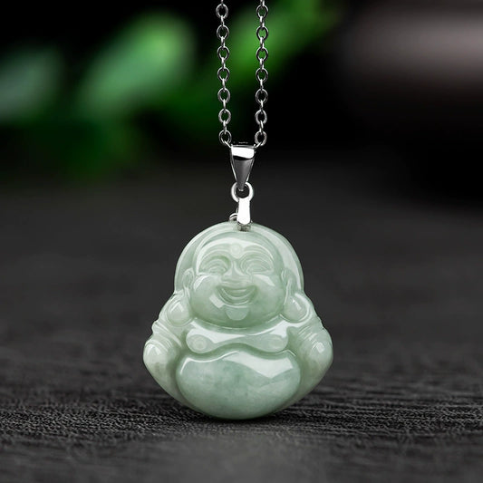 Natural Burmese A-grade jadeite light green small Buddha laughing Buddha pendant S925 silver necklace ice jade pendant