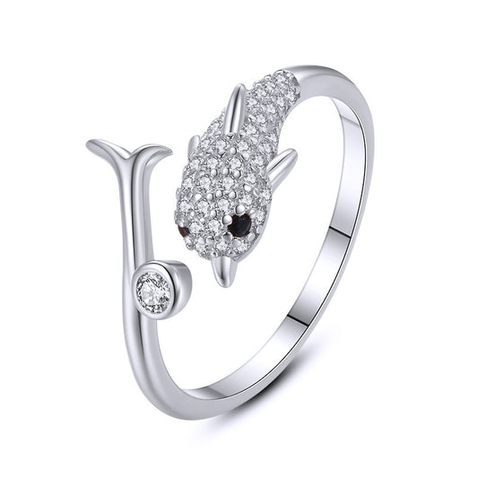 925 Sterling Silver Ring Cute Animal Dophin with Zircon Adjustable Ring for Women Engagement