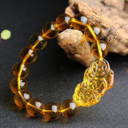 Feng Shui 12mm Citrine Gem Stone Wealth Porsperity Bracelet with Pi Xiu/Pi Yao, Attract Good Luck And Wealth