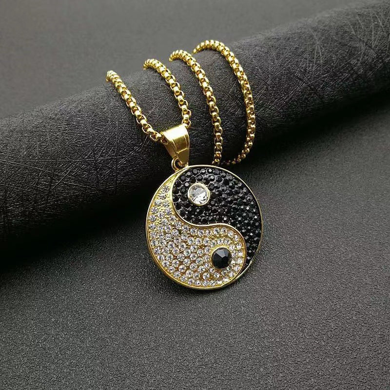 Yin Yang Aumlet Pendant Necklace, Gold/Silver Stainless Steel Chains For Women Men, Hip Hop Iced Out Bling Gossip Necklaces