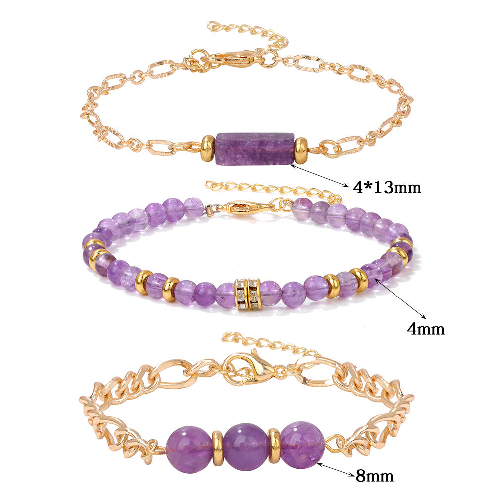 3pcs/set Natural Amethysts Bracelet, 18K Gold Color Chain Rose Pink Quartzs Bracelet Set For Women, Healing Energy Yoga Bracelets