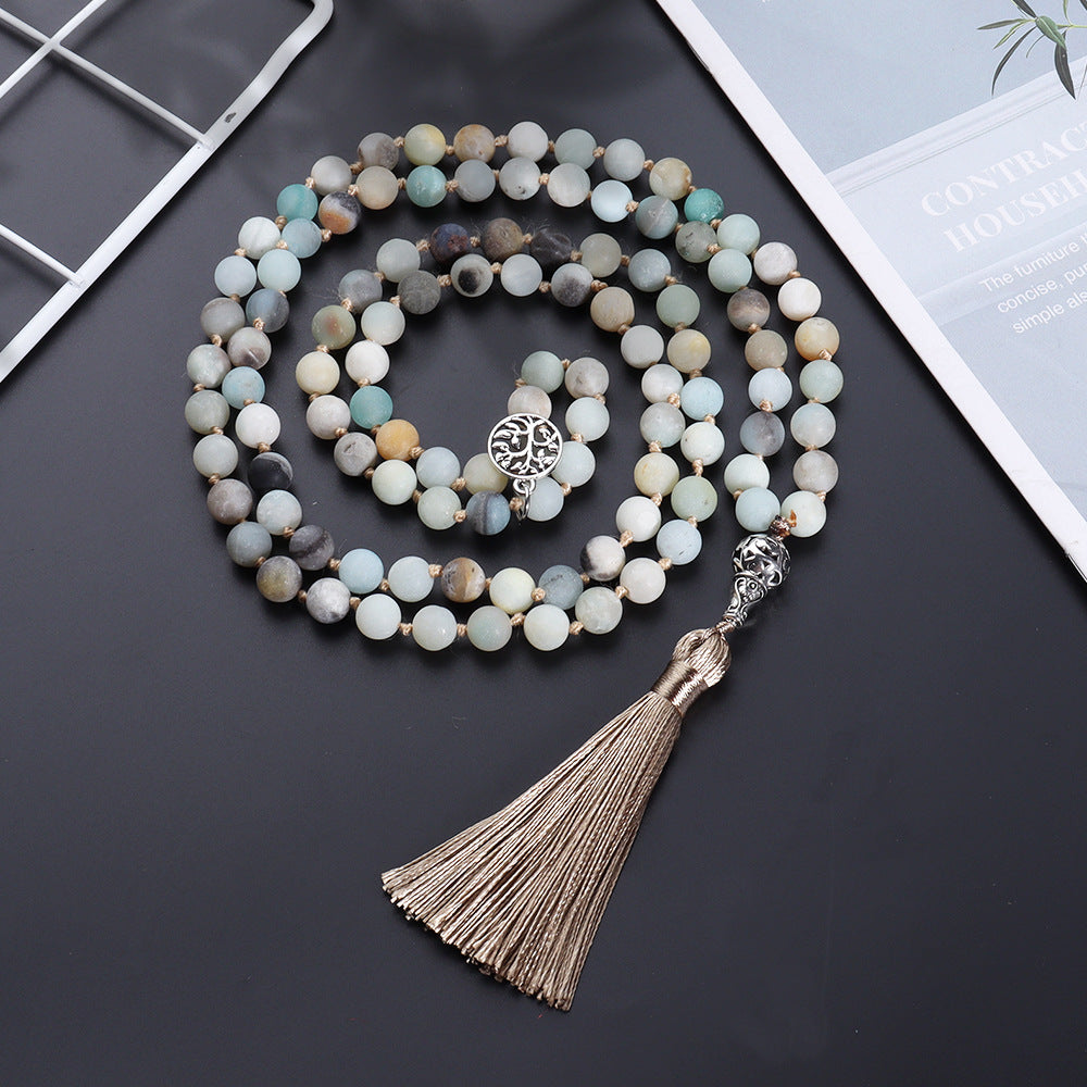 6mm Natural Amazonite Stone Long Beaded Necklace - 108 Hand Knotted Mara Beaded Fringe Long Tassel Boho Necklace with Tree of Life Pendant, Natural Gemstones Meditation Yoga Prayer Jewelry