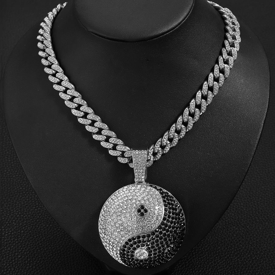 Iced Out 13mm Width Cuban Chain Alloy And Bling Rhinestone Hip Hop Big Round Pendant Necklace