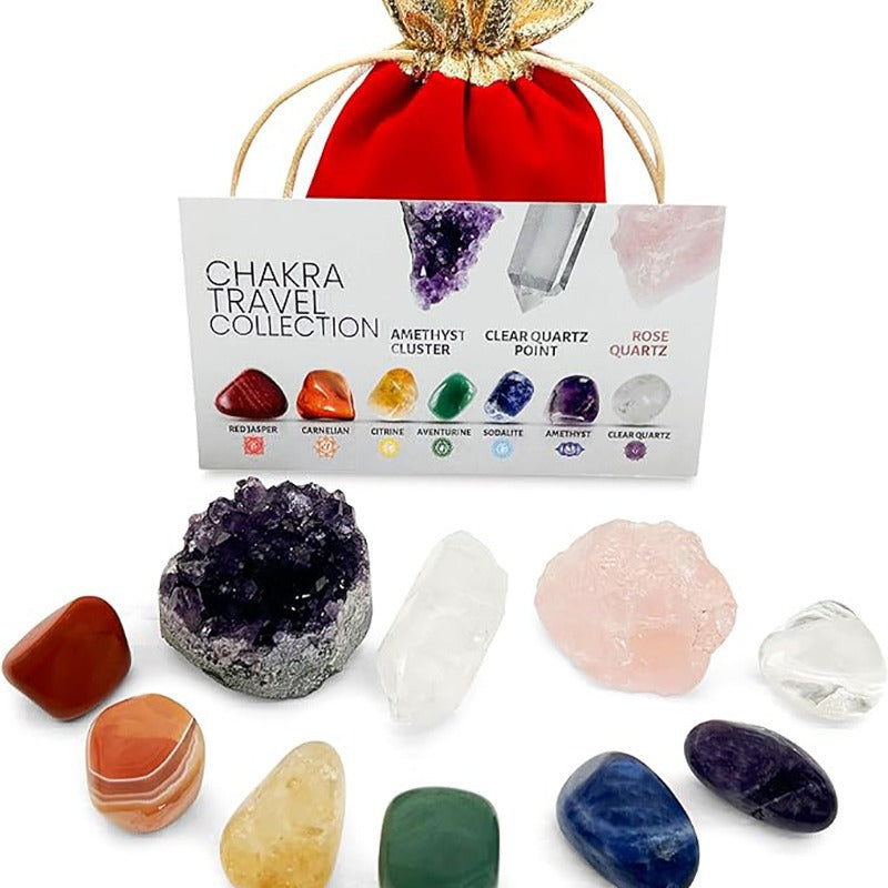 7 Chakra Tumbled Gemstones, Amethyst Crystal, Rose Quartz, Quartz Crystal Point, Stone Guide -Travel Chakra Crystals and Healing Stones in Velvet Gift Pouch + 50pg EBOOK