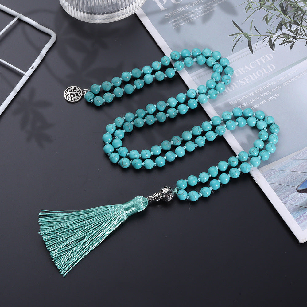 8mm Natural Turquoise Stone Beads Knotted 108 Mala Beaded Necklace with Tree of Life Pendant, Meditation Yoga Prayer Jewelry Tree of Life Pendant Tassel Japa Mala Rosary Beads Necklaces