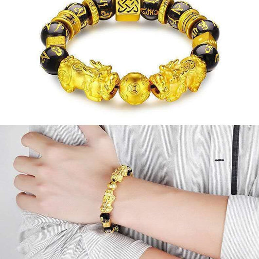 Feng Shui Black Obsidian Agate Beaded Bracelet, Gold-Plated Double Pixiu Bracelet, Lucky Wealthy Amulet Bracelet