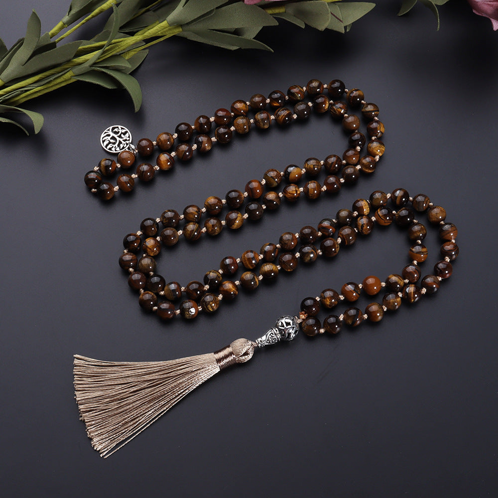 Natural 108 Mala Rosary 8mm Tiger Eye Beads Yoga Buddha Necklace, Japa Mala Prayer Beaded Tassel Tree of Life Necklace, Stone Meditation Statement Necklace