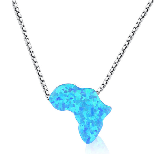 Blue Eyes Opal Africa Map 925 Sterling Silver Pendant Necklace