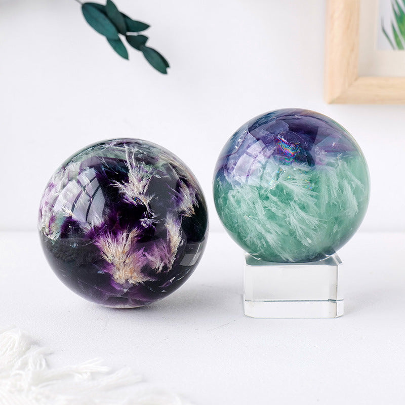 Natural Feather Fluorite Crystal Decorative Ball, Stone Polished Round Healing Crystals with Wooden Stand Meditation Living Room Home Decor