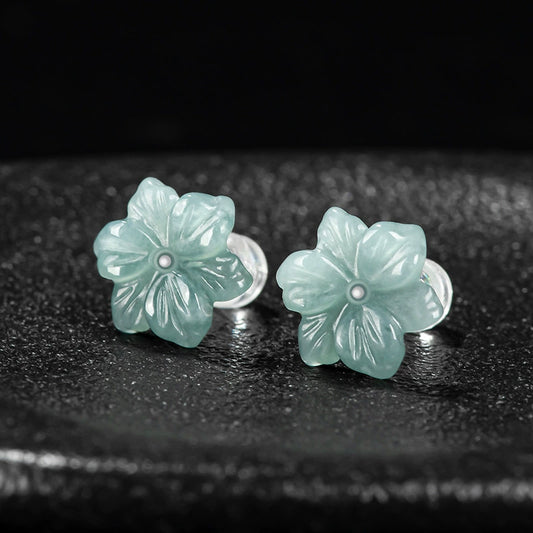 Natural A-grade jadeite blue water orchid earrings ice jade petals S925 silver inlaid ancient style female earrings