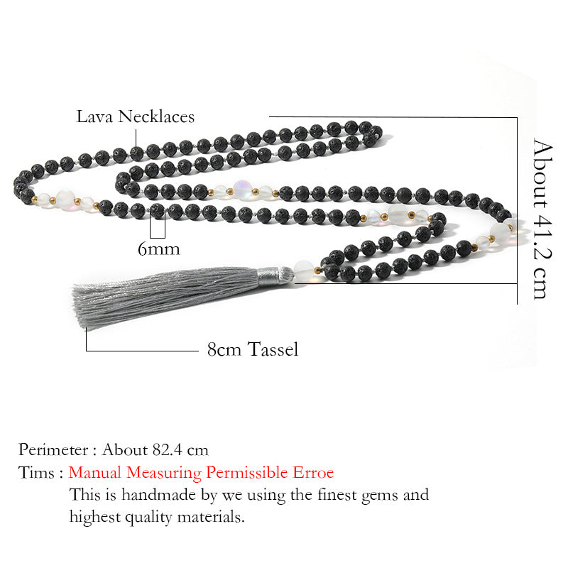 6mm 108 Mala Beads Natural Volcanic Stone Knotted Meditation Semi-Precious Necklaces, Men and Women Charm Necklace Hanging Black Tassel