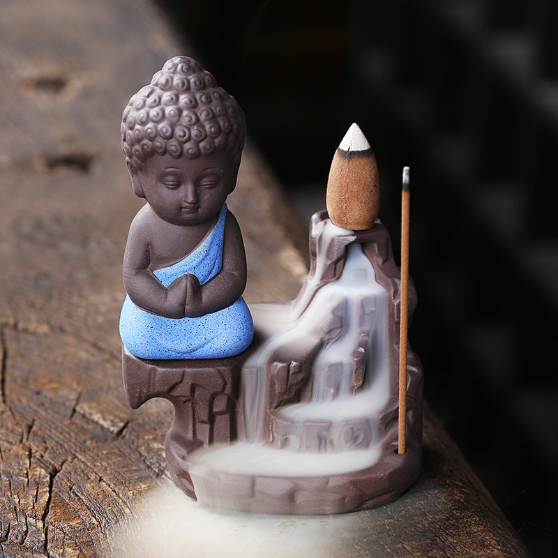 Microfiber Meditating Monk Buddha Smoke Backflow Cone Incense Holder with 10 Scented Cone, Monk Buddha Idol Statues for Home Decor Items Mandir Decorative