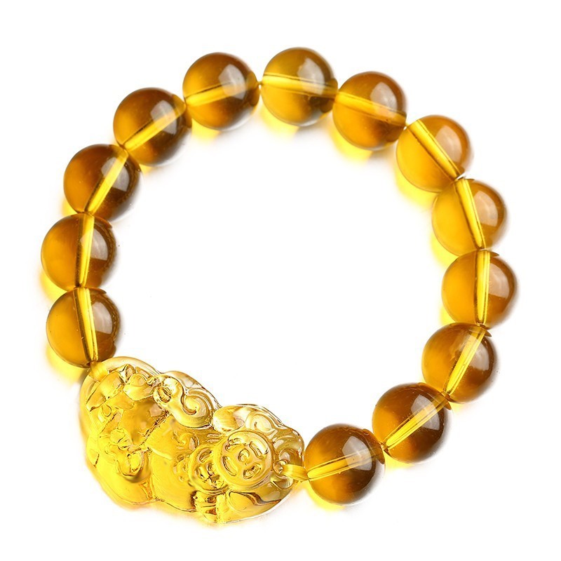 Feng Shui 12mm Citrine Gem Stone Wealth Porsperity Bracelet with Pi Xiu/Pi Yao, Attract Good Luck And Wealth