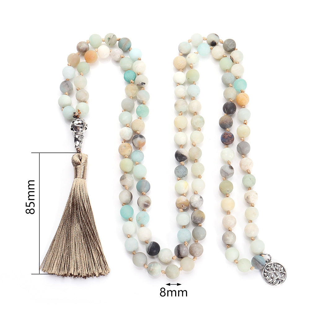 6mm Natural Amazonite Stone Long Beaded Necklace - 108 Hand Knotted Mara Beaded Fringe Long Tassel Boho Necklace with Tree of Life Pendant, Natural Gemstones Meditation Yoga Prayer Jewelry