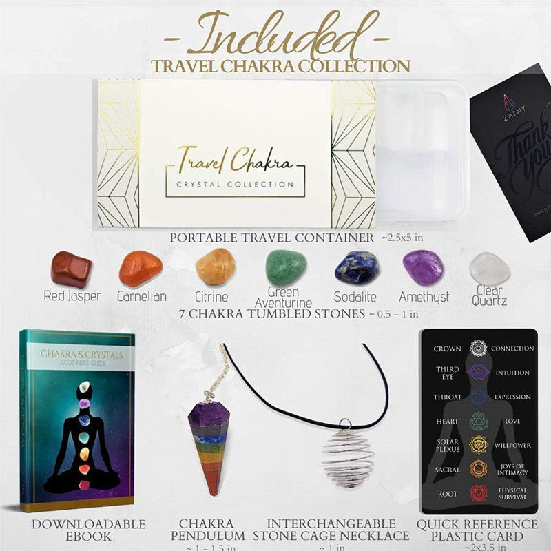 Travel Chakra Crystals and Healing Stones Collection, Chakra Pendulum, 7 Chakra Set Tumbled Stones, Interchangeable Cage Necklace, Portable Case, Reference Card, Ebook