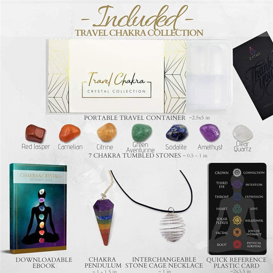 Travel Chakra Crystals and Healing Stones Collection, Chakra Pendulum, 7 Chakra Set Tumbled Stones, Interchangeable Cage Necklace, Portable Case, Reference Card, Ebook