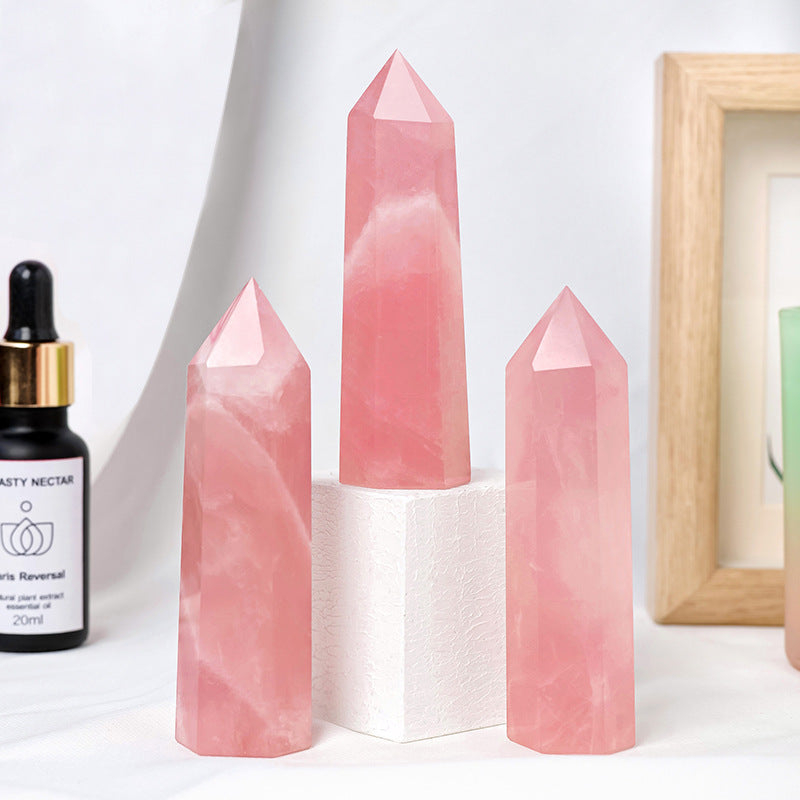 Natural Pink Crystal Point, Magic Wand Healing Gemstone Crystal Tower Rose Quartz Crystal hexagonal Prism Ornament