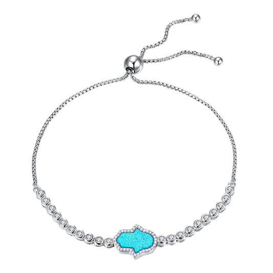 Blue Hamsa Hand of Fatima Bracelet Sterling Silver Cubic Zirconia Opal Adjustable Tennis Anchor Chain