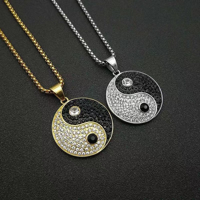 Yin Yang Aumlet Pendant Necklace, Gold/Silver Stainless Steel Chains For Women Men, Hip Hop Iced Out Bling Gossip Necklaces