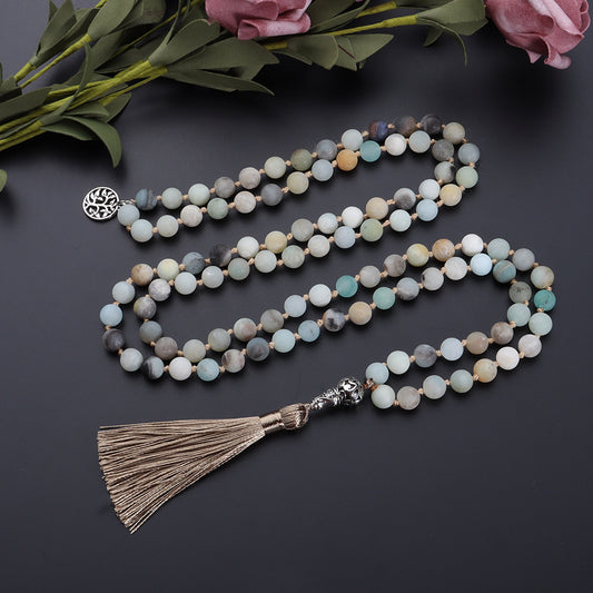 6mm Natural Amazonite Stone Long Beaded Necklace - 108 Hand Knotted Mara Beaded Fringe Long Tassel Boho Necklace with Tree of Life Pendant, Natural Gemstones Meditation Yoga Prayer Jewelry