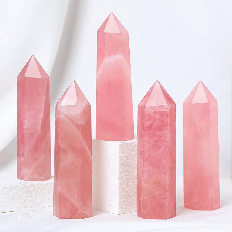 Natural Pink Crystal Point, Magic Wand Healing Gemstone Crystal Tower Rose Quartz Crystal hexagonal Prism Ornament