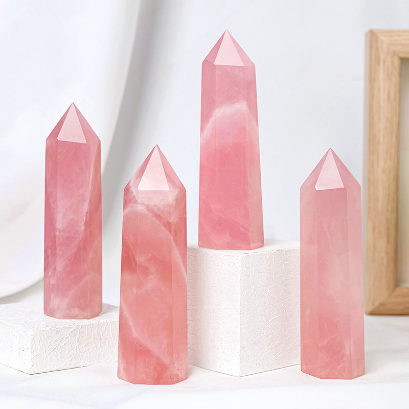 Natural Pink Crystal Point, Magic Wand Healing Gemstone Crystal Tower Rose Quartz Crystal hexagonal Prism Ornament