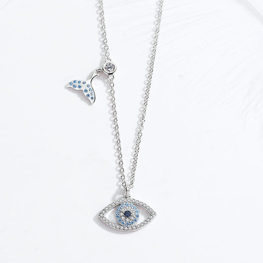 Mermaid Tail Silver Necklace with Crystal Eye for Women (S925 Sterling Silver, Turkish Jewelry)