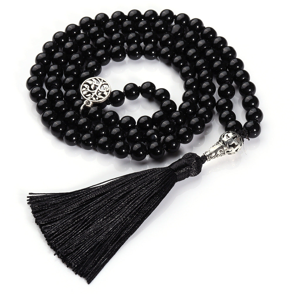 8MM Natural Black Jade Mala Prayer Beads Necklace/Bracelet Strand, Round- 108 Mala Necklace with Tree of Life Pendant | Japa Mala Gemstone Prayer Beads