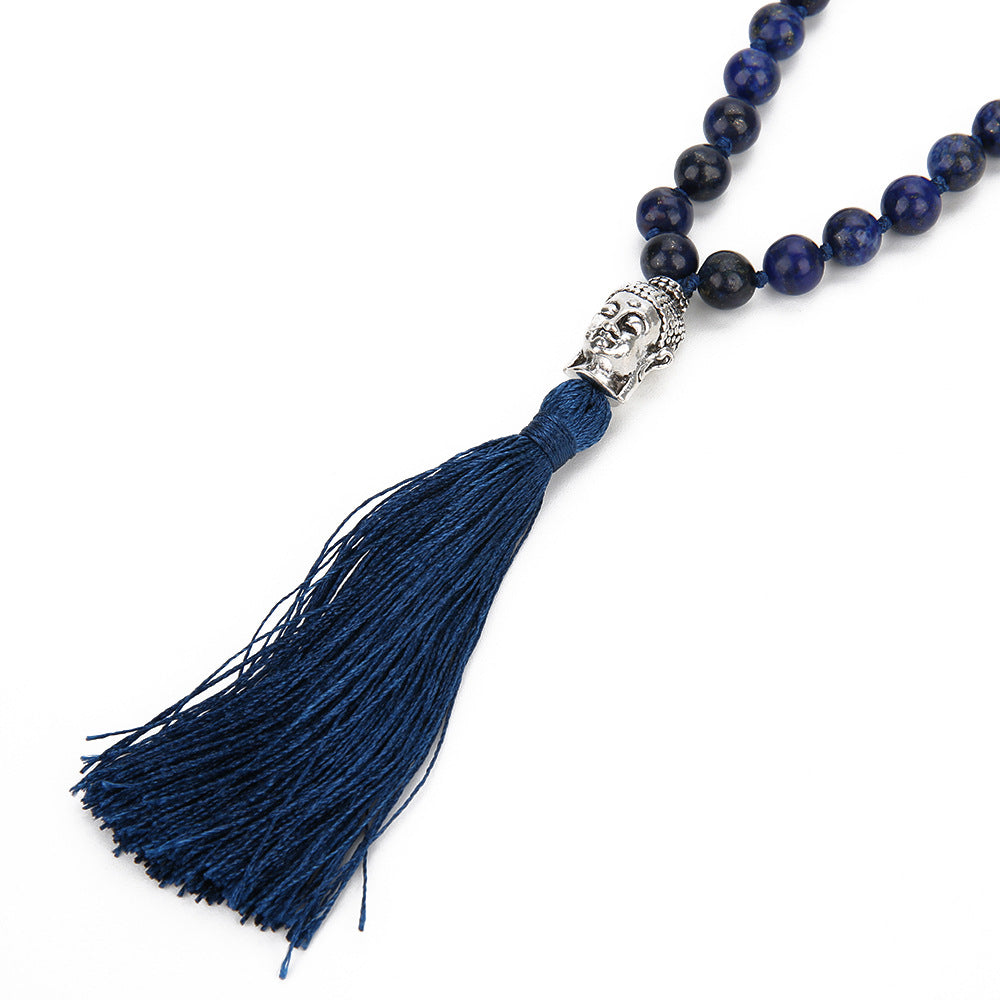 108 Mala Rosary Beads Knotted Tassel Necklace, Natural Lapis Lazuli Stone Necklaces with Tree of Life Pendant Yoga Jewelry Long Bead Necklace