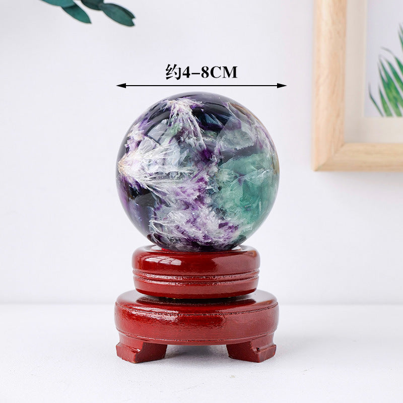 Natural Feather Fluorite Crystal Decorative Ball, Stone Polished Round Healing Crystals with Wooden Stand Meditation Living Room Home Decor