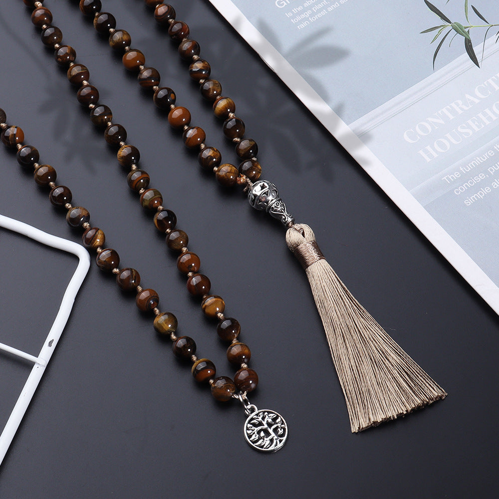 Natural 108 Mala Rosary 8mm Tiger Eye Beads Yoga Buddha Necklace, Japa Mala Prayer Beaded Tassel Tree of Life Necklace, Stone Meditation Statement Necklace