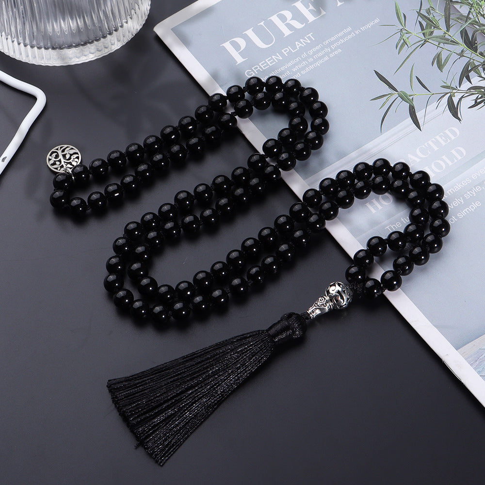 8MM Natural Black Jade Mala Prayer Beads Necklace/Bracelet Strand, Round- 108 Mala Necklace with Tree of Life Pendant | Japa Mala Gemstone Prayer Beads