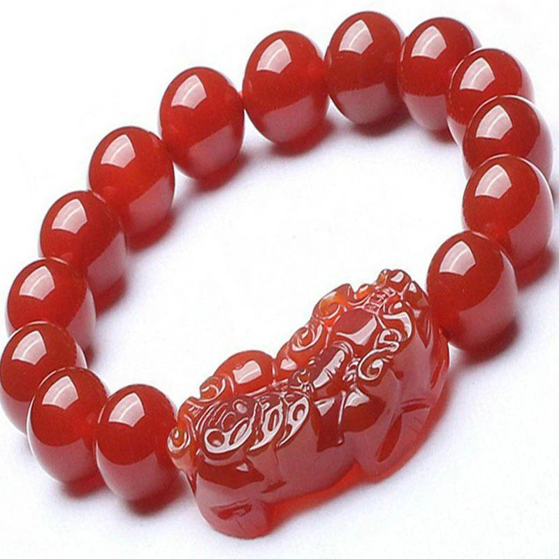 Feng Shui Red Agate Mantra Bead Bracelet with Pi Xiu/Pi Yao, Anti-Fatigue Transport Bracelet, Wealthy Lucky Amulet Bracelet