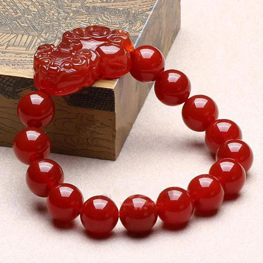 Feng Shui Red Agate Mantra Bead Bracelet with Pi Xiu/Pi Yao, Anti-Fatigue Transport Bracelet, Wealthy Lucky Amulet Bracelet