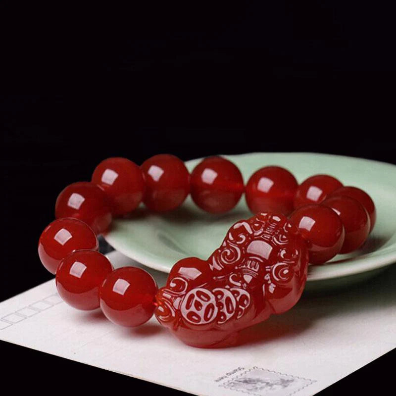 Feng Shui Red Agate Mantra Bead Bracelet with Pi Xiu/Pi Yao, Anti-Fatigue Transport Bracelet, Wealthy Lucky Amulet Bracelet