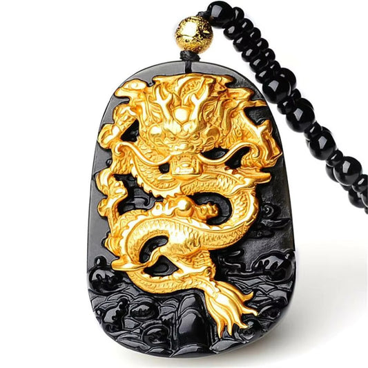 18K Gold Plated Inlay Natural Obsidian Carved Chinese Dragon Pendant Necklace