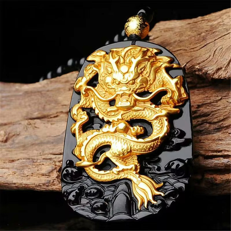 18K Gold Plated Inlay Natural Obsidian Carved Chinese Dragon Pendant Necklace