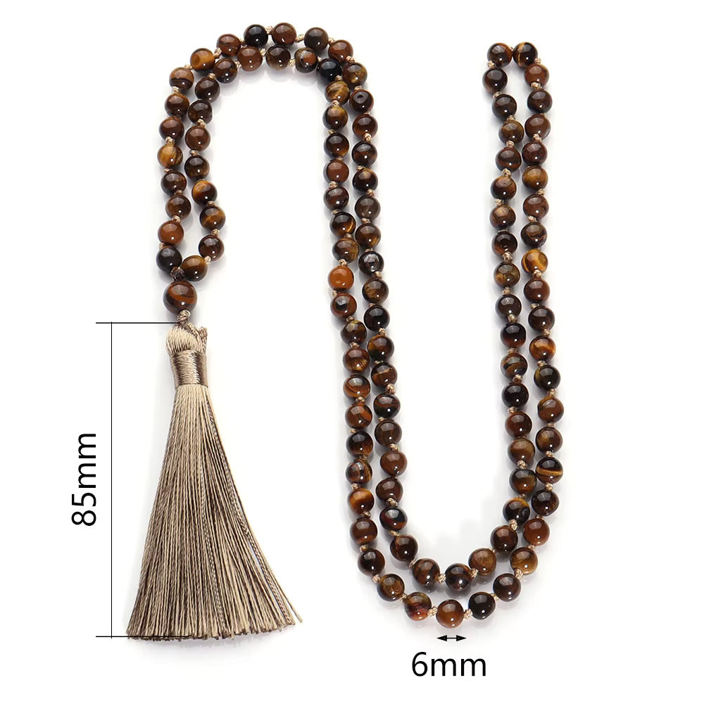 Natural 108 Mala Rosary 8mm Tiger Eye Beads Yoga Buddha Necklace, Japa Mala Prayer Beaded Tassel Tree of Life Necklace, Stone Meditation Statement Necklace