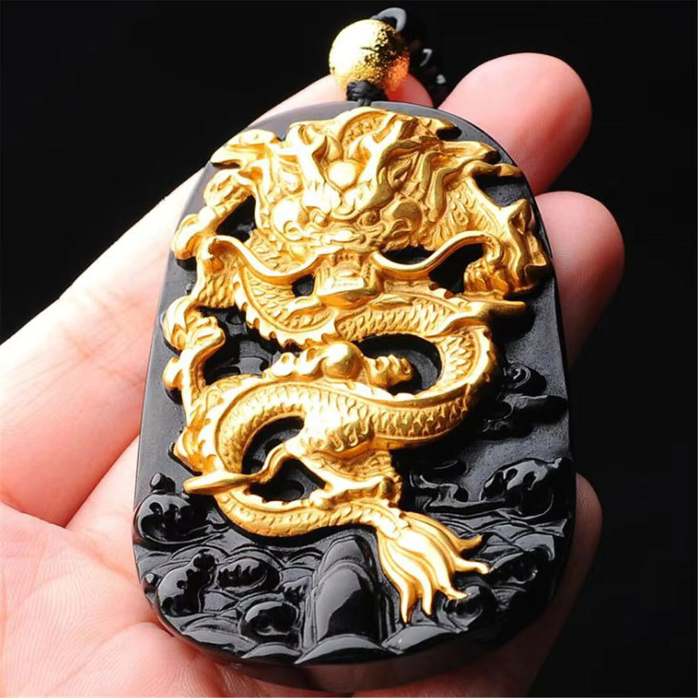 18K Gold Plated Inlay Natural Obsidian Carved Chinese Dragon Pendant Necklace