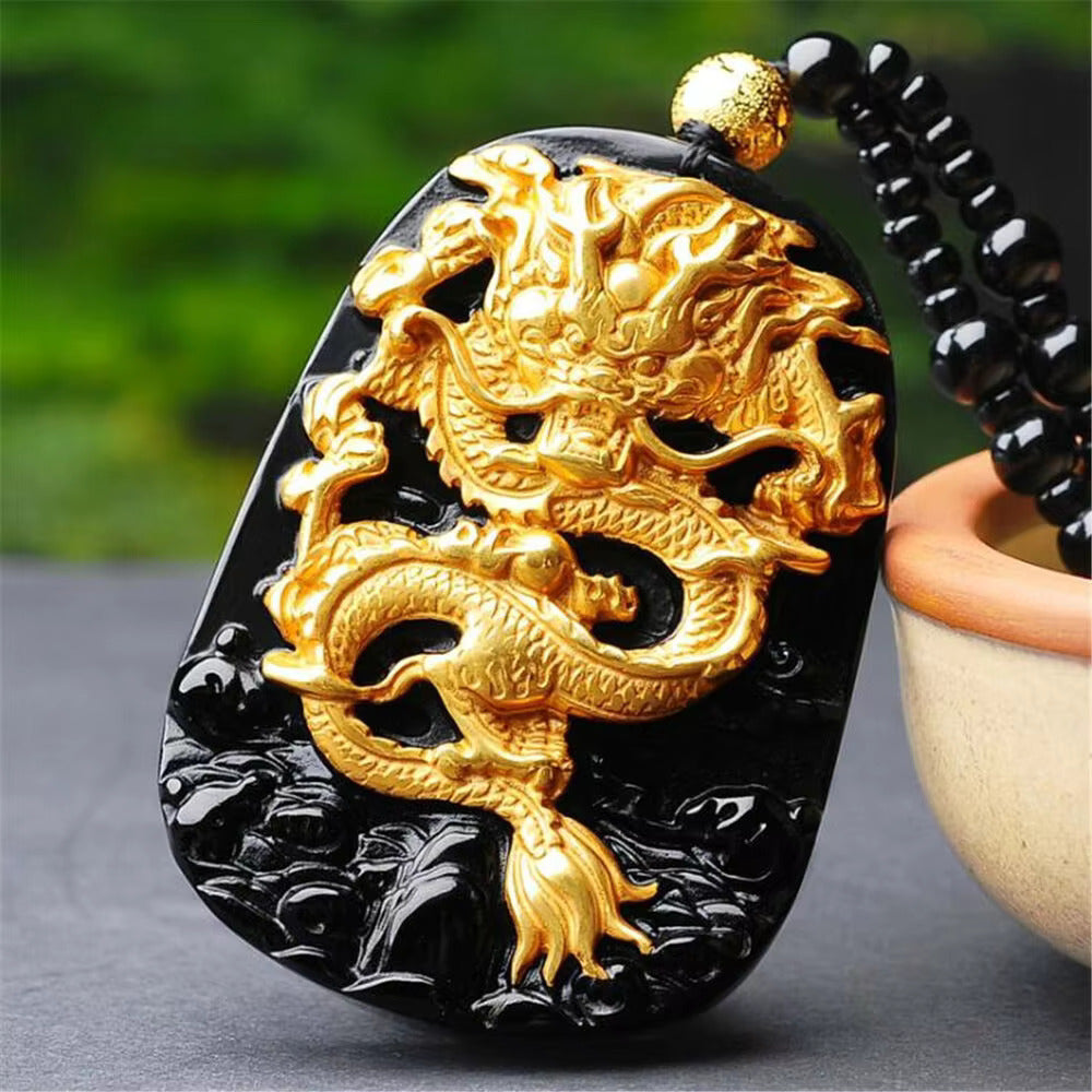 18K Gold Plated Inlay Natural Obsidian Carved Chinese Dragon Pendant Necklace