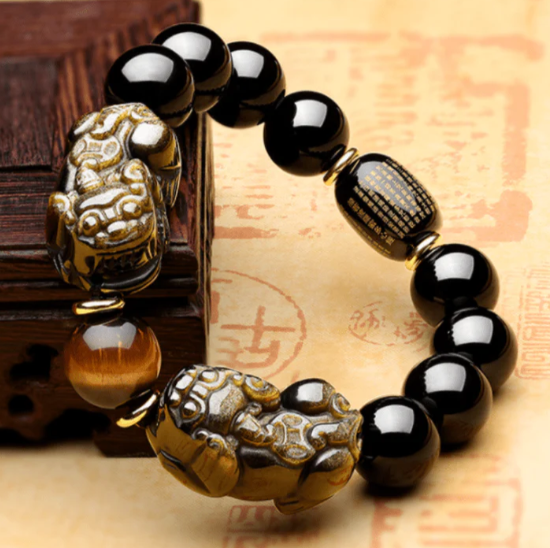 Natural Gold Obsidian Double Pixiu Bracelet, Natural Ice Obisidian Heart Sutra Carved Tiger Eye Stone Talisman Peace Prospertity Money Giftable Men Women, Feng Shui Wealth Bracelet