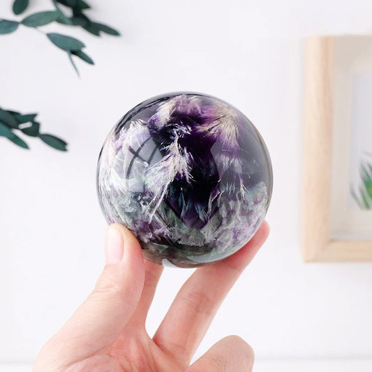 Natural Feather Fluorite Crystal Decorative Ball, Stone Polished Round Healing Crystals with Wooden Stand Meditation Living Room Home Decor