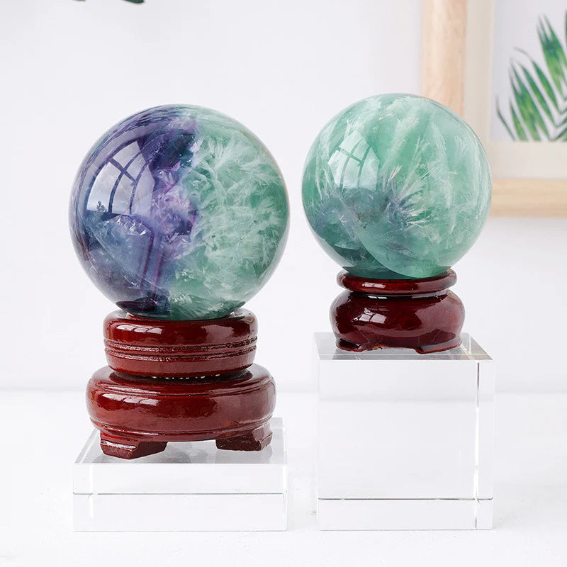 Natural Feather Fluorite Crystal Decorative Ball, Stone Polished Round Healing Crystals with Wooden Stand Meditation Living Room Home Decor