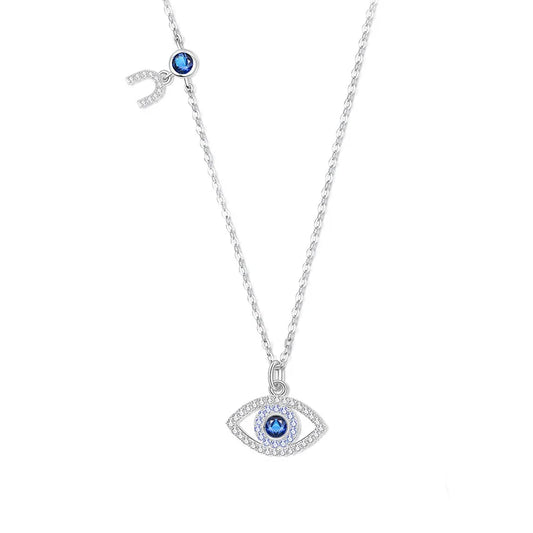 Evil Eye Horseshoe Sterling Silver 925 Pendant Necklace, Cubic Zirconia Cable Chain for Women