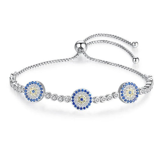 Lucky Eye Bracelet 925 Sterling Blue and White Stone Triple Evil Eyes Silver Bracelet